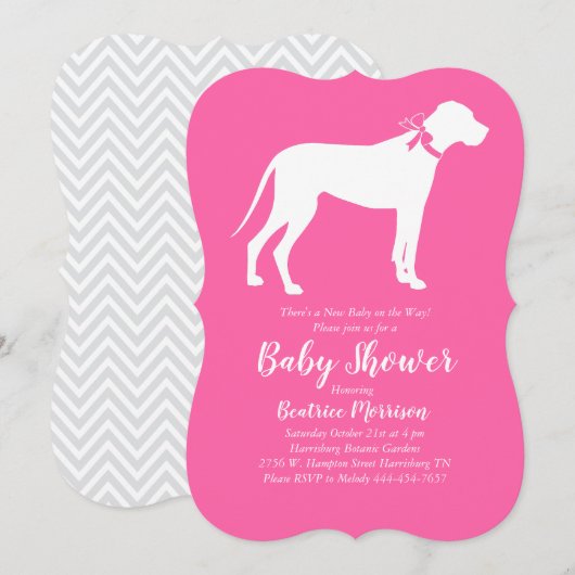 Invitation Grande Dane Chien Baby shower Rose fille (Devant / Derrière)