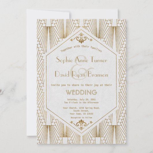 Invitation Grande Gatsby Art Déco Gold White Wedding Invitati (Devant)
