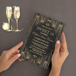 Invitation Grande Gatsby Art Déco Sweet 16 Party<br><div class="desc">Great Gatsby Vintage Art Déco Sweet 16 Party Invitation. Le design d'une carte d'inspiration années 1920,  en noir et or,  présente un magnifique style géométrique Art Déco. Utilisez l'outil Personnaliser pour ajouter vos informations. Voir aussi ma collection de Mariages Art Déco Vintage Great Gatsby.</div>