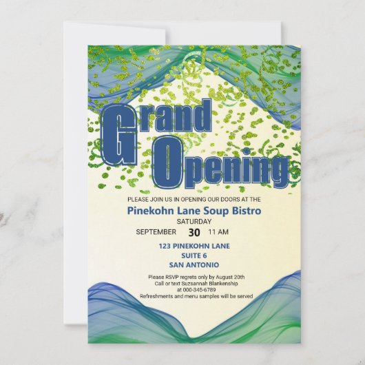 Invitation Grande ouverture Bleu Vagues de bordure verte (Devant)