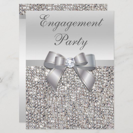 Invitation Grande Partie Engagement Faux Silver Sequins Bow (Devant / Derrière)