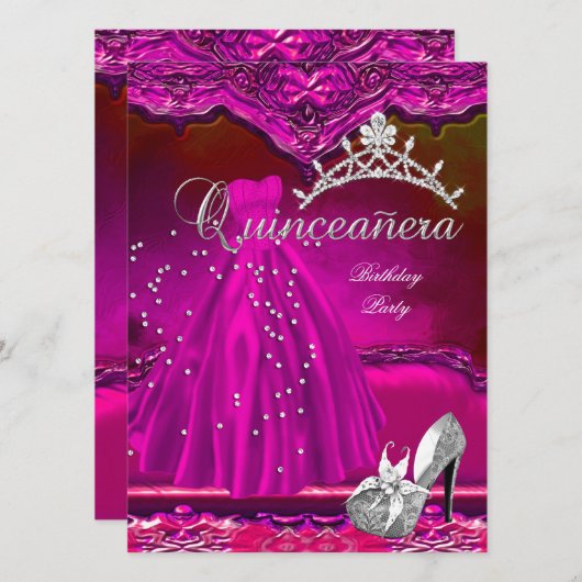 Invitation Grande Quinceanera 15e Anniversaire Rosée Rosée (Devant / Derrière)