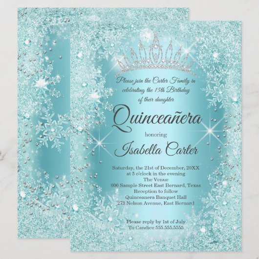 Invitation Grande Quinceanera Turquoise Flocon de neige Wonde (Devant / Derrière)
