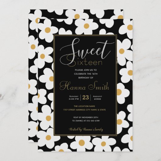 Invitation Grandes Fleurs Blances Blances Retro Design Noir (Devant / Derrière)