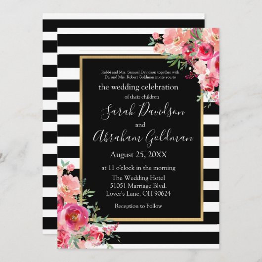 Invitation Grandes Roses de noir et blanc Mariage juif (Devant / Derrière)