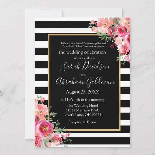 Invitation Grandes Roses de noir et blanc Mariage juif (Devant)