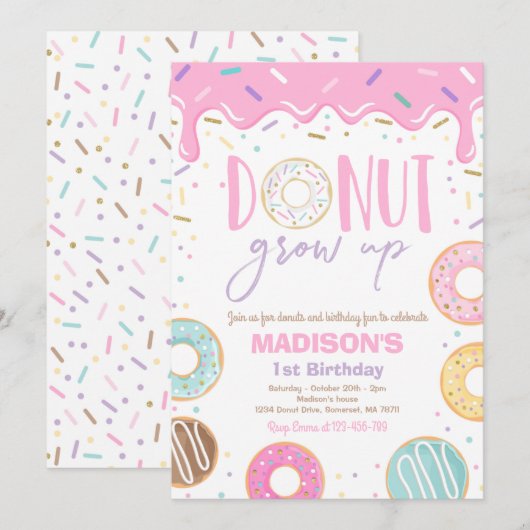 Invitation Grandeur de Donut 1er anniversaire Donut 1er anniv (Devant / Derrière)