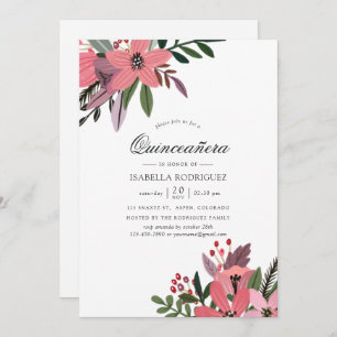 Invitation Grandeur moderne Plum et rose Floral Quinceañera