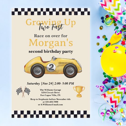 Invitation Grandir Deux Rapide Voiture De Course Jaune Enfant