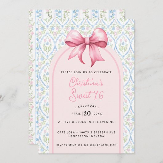 Invitation Grandmillennial Bow Coquette Sweet 16 (Devant / Derrière)