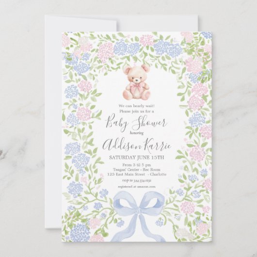 Invitation Grandmillennial pink  Bear baby shower invite (Devant)