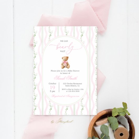 Invitation Grandmillennial Teddy Oear Baby shower fille