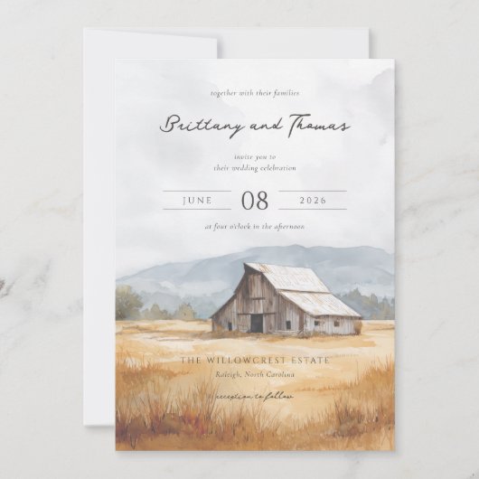 Invitation Grange Bleue Rustique Aquarelle (Devant)