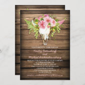 Invitation Grange Bois Fleurs roses Vache Crâne Cornes Mariag (Devant / Derrière)