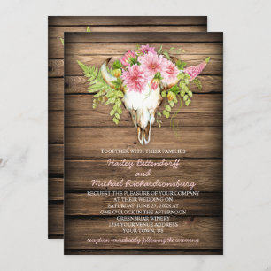Invitation Grange Bois Fleurs roses Vache Crâne Cornes Mariag