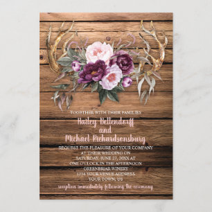 Invitation Grange Bois Purple Plum Peonies Antlers Mariage