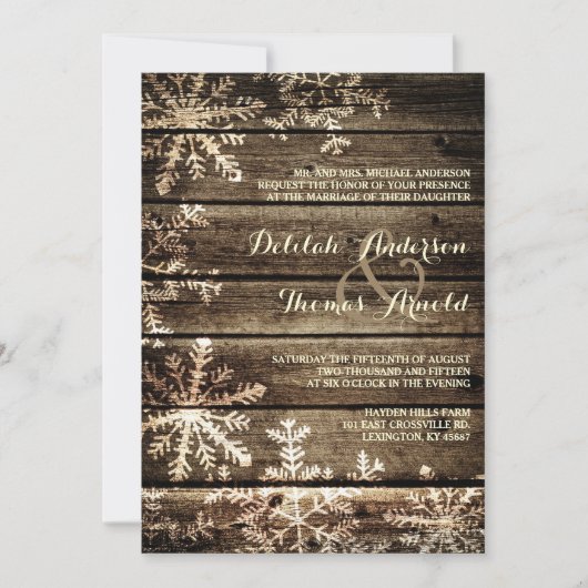 Invitation Grange Bois Snowflakes Rustique Mariage d'hiver (Devant)