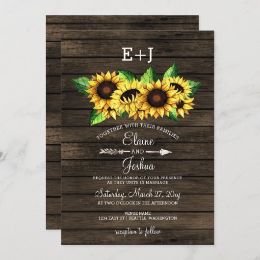 Invitation grange bois tournesol Pays Mariage rustique (Devant / Derrière)