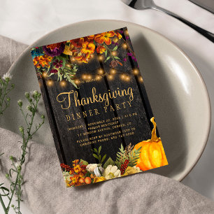 Invitation Grange brun fleuri rustique bois Thanksgiving dine