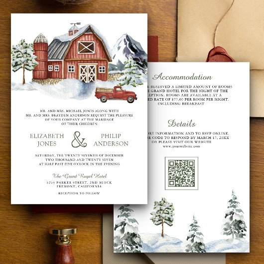 Invitation Grange Rouge enneigée Noël d'hiver Code QR Mariage
