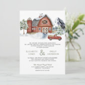 Invitation Grange Rouge enneigée Noël d'hiver Code QR Mariage (Debout devant)