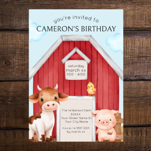 Invitation Grange rouge mignon et animaux de la ferme