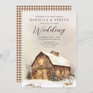 Invitation Grange rustique avec Mariage de neige hivernale
