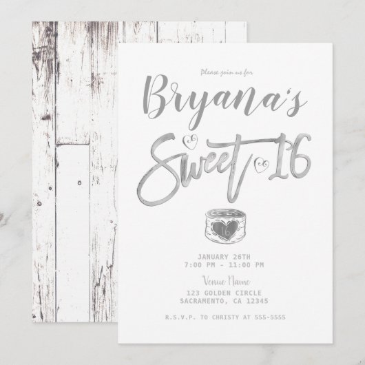 Invitation Grange Rustique Bois Blanc Argent Fête Douce 16 An (Devant / Derrière)