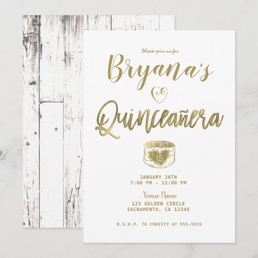 Invitation Grange Rustique  Bois Blanc Or 15 Quinceañera (Devant / Derrière)
