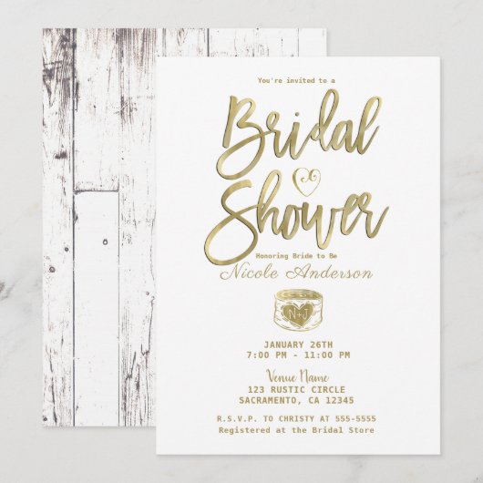 Invitation Grange Rustique Bois Blanc Or Fête de Mariage (Devant / Derrière)