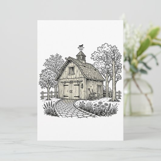 Invitation Grange rustique dans un verger (Debout devant)