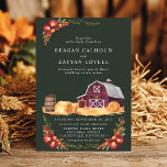 Invitation Grange rustique et Mariage campagnard d'automne fl<br><div class="desc">Célébrez votre journée spéciale avec cette charmante faire-part de mariage rustique, avec une grange magnifiquement illustrée, des balles de foin et des fleurs d'automne vibrantes sur un fond vert profond. Parfait pour un mariage de campagne d'automne, ce design apporte chaleur et élégance à votre célébration mariage. Les tons terre accueillants...</div>