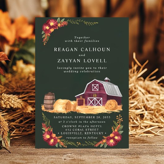 Invitation Grange rustique et Mariage campagnard d'automne fl