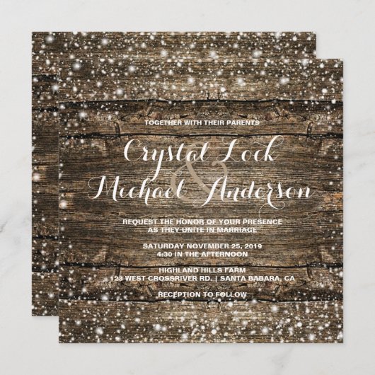 Invitation Grange rustique Flammes de neige en bois Mariage h (Devant / Derrière)