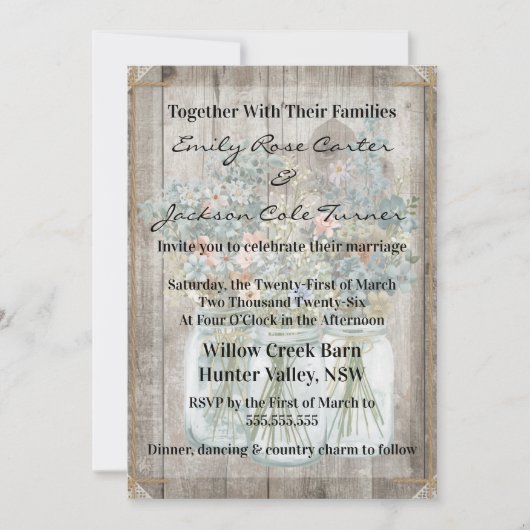 Invitation Grange Rustique & Fleurs Sauvages Mariage Champêtr (Devant)