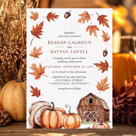 Invitation Grange Rustique Glands Feuilles d'Automne Mariage