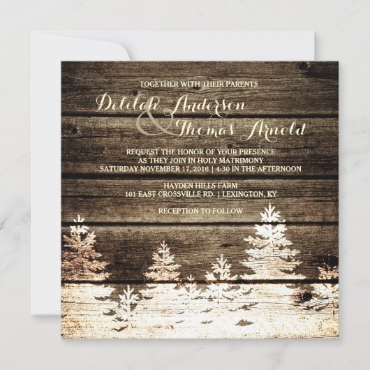 Invitation Grange rustique Pins de bois Arbres d'hiver Mariag (Devant)