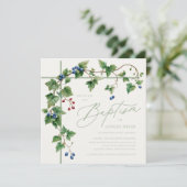 Invitation Grapevine Couvert Croix Soft Green Script Baptême (Debout devant)