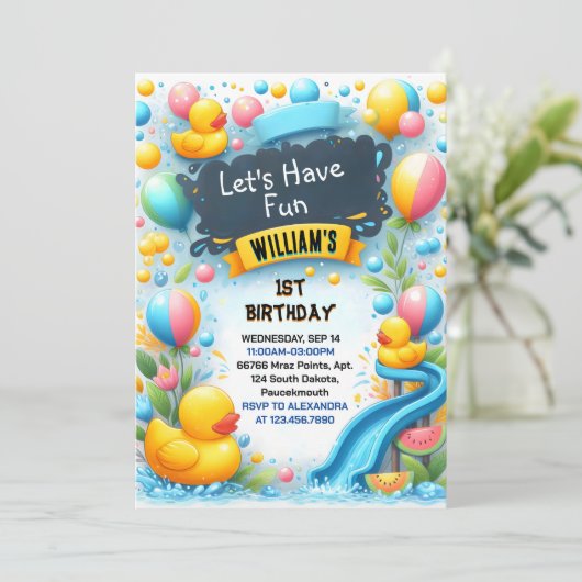Invitation Graph Splash Bubbles Summer Duck Foam 1er annivers (Debout devant)