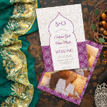 Invitation Graphe Initiales florales marocaines 3 photo maria<br><div class="desc">Nos invitations de mariage d'inspiration marocaine avec une belle arche de raisin violet bijou et bloc de couleur de texture de bois fleuri sont le choix parfait pour une célébration mariage unique et inoubliable. Préparez-vous à impressionner vos invités et donnez le ton pour votre grand jour, avec de jolies initiales,...</div>