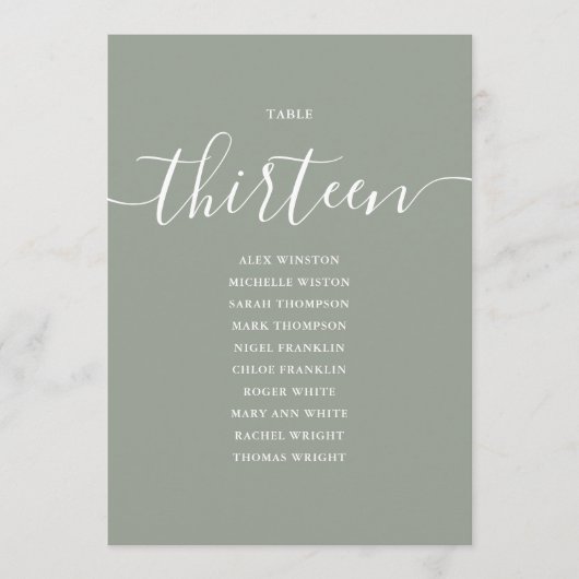 Invitation Graphique de table numéro 13 vert sauge écriture (Devant)