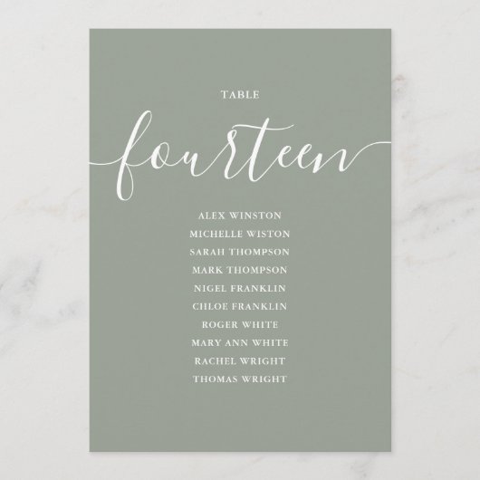 Invitation Graphique de table numéro 14 vert sauge écriture (Devant)