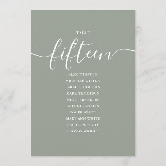 Invitation Graphique de table numéro 15 vert sauge écriture (Devant)