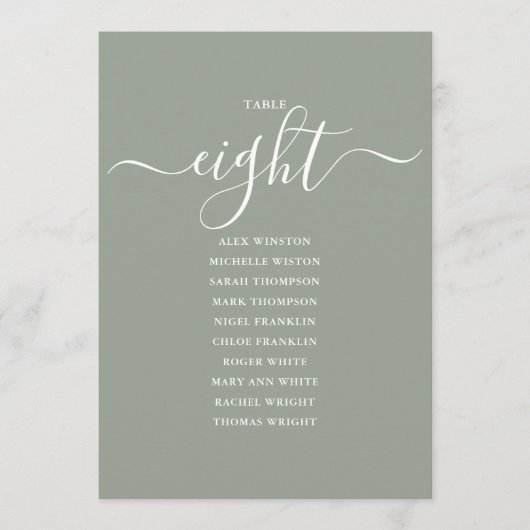 Invitation Graphique de table numéro 8 vert sauge écriture (Devant)