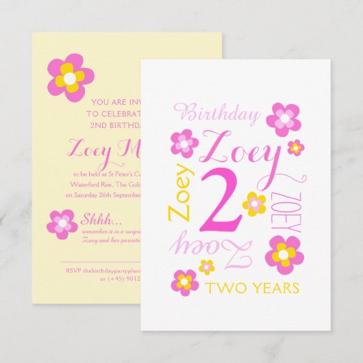 Invitation Graphisme de fleurs pour 2e anniversaire jaune ros (Devant / Derrière)