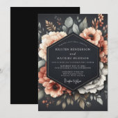 Invitation Graphite Corail Flore Sombre Mariage (Devant / Derrière)