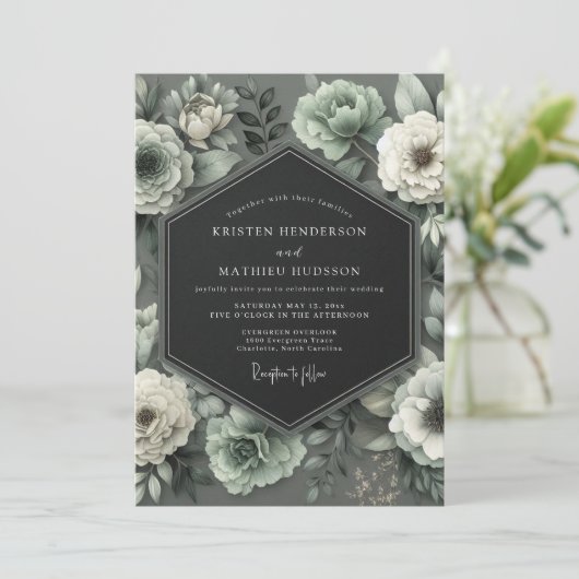 Invitation Graphite Mint Bloom Wedding (Debout devant)