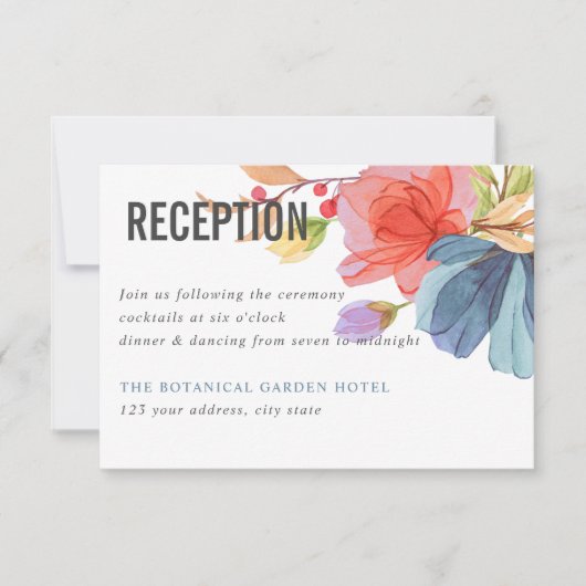 Invitation Gras Aquarelle Fleur sauvage Mariage bleu Réceptio (Devant)