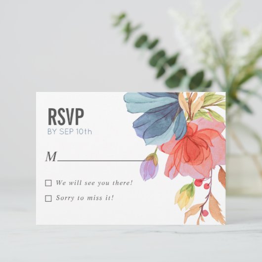 Invitation Gras Aquarelle Fleurs sauvages Bleu mariage RSVP (Debout devant)