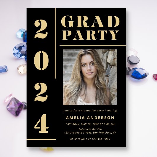 Invitation Gras Black Gold Typographie Photo Graduation Party